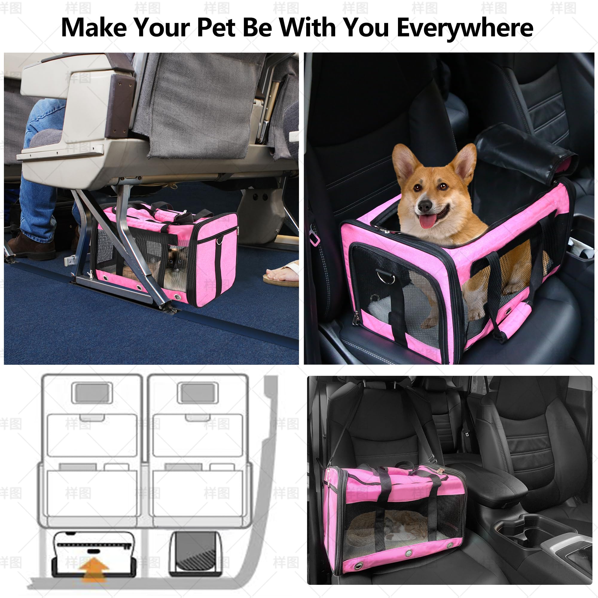Soft Sided Cat/Dog Carrier,Collapsible Pets Travel Carriers for Pet/Puppy with Shoulder Strap & Removable Mat,Mesh Top Load Small Dogs/Cats Carry Bag Up to 25 Lbs（Pink,L）