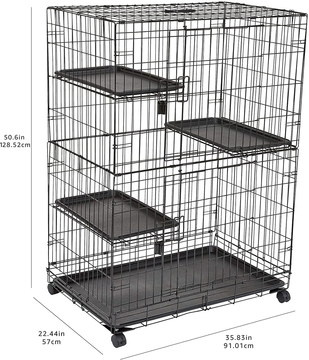 Amazon Basics Large 3-Tier Cat Cage Playpen with Easy to Clean Removable Tray, Front Doors, Portable, Foldable, 35.8" x 22.4" x 50.6", Black