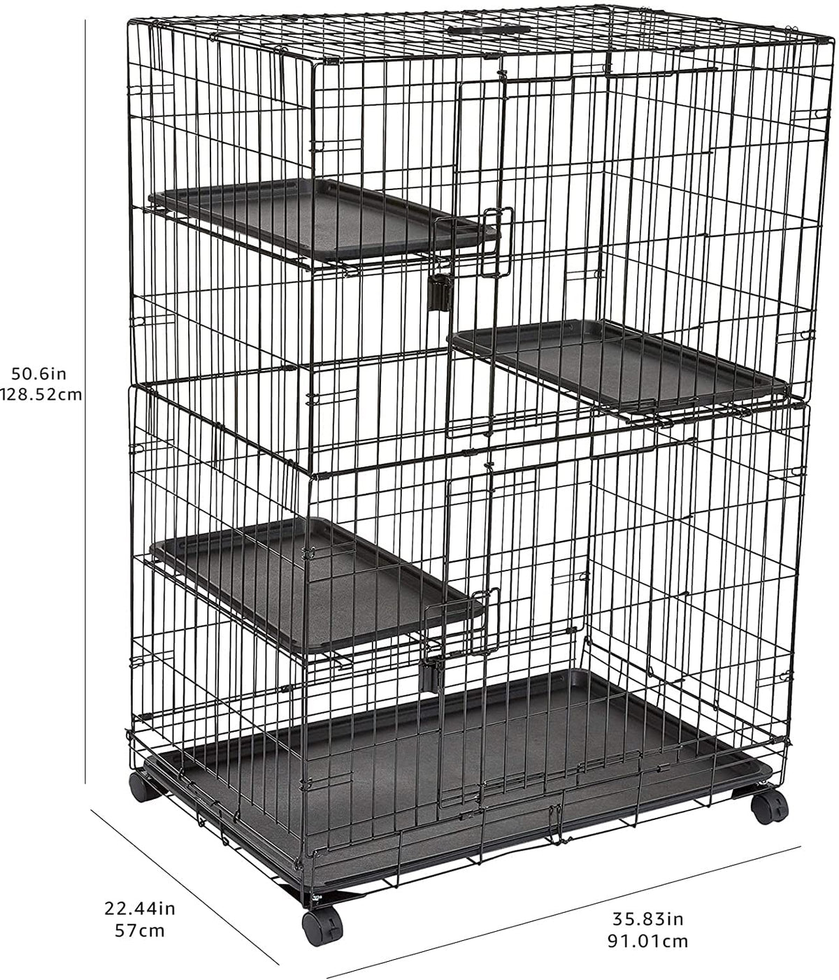 Amazon Basics Large 3-Tier Cat Cage Playpen with Easy to Clean Removable Tray, Front Doors, Portable, Foldable, 35.8" x 22.4" x 50.6", Black