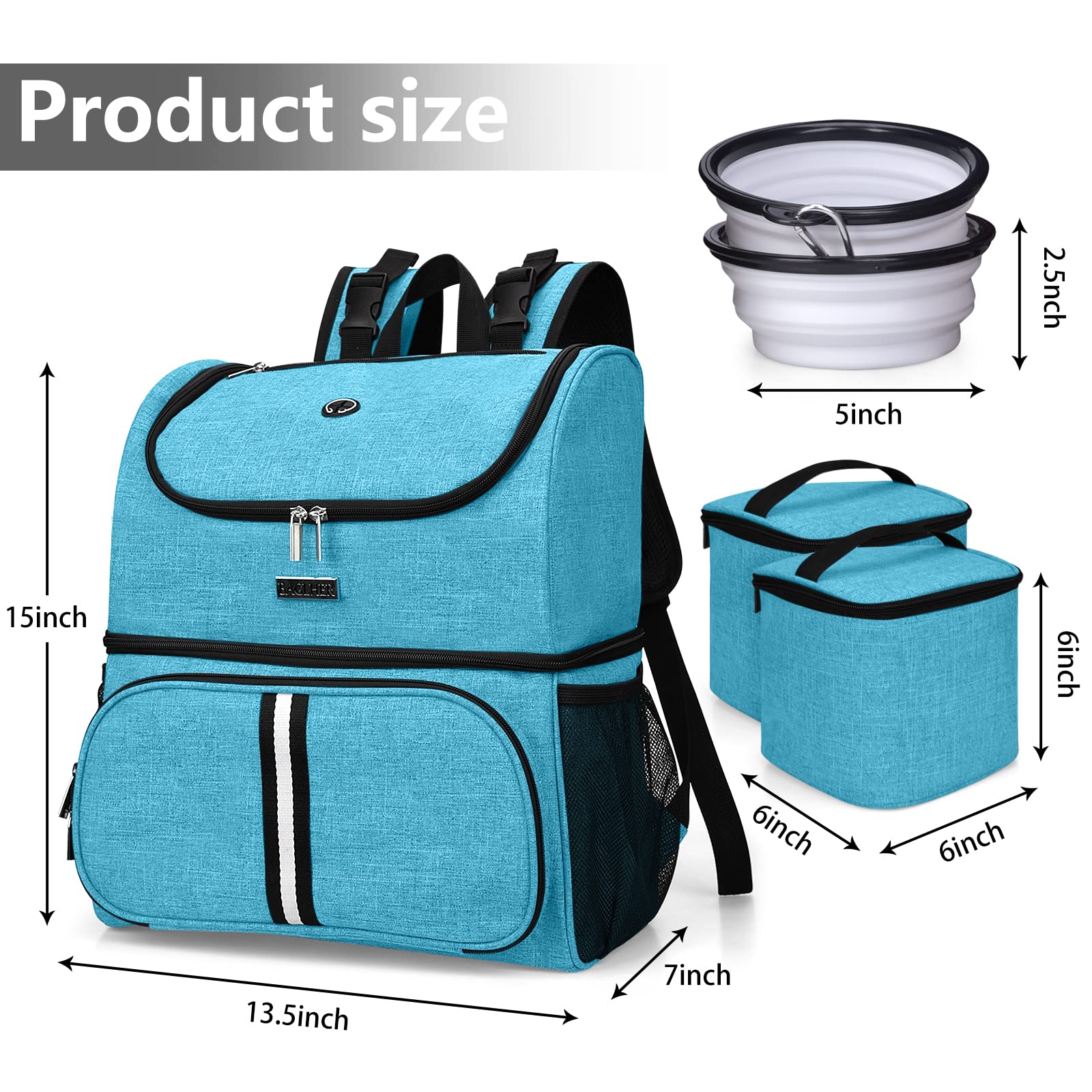 BAGLHER Pet Travel Bag, Double-Layer Pet Supplies Backpack (for All Pet Travel Supplies), Pet Travel Backpack with 2 Silicone Collapsible Bowls and 2 Food Baskets Sky Blue