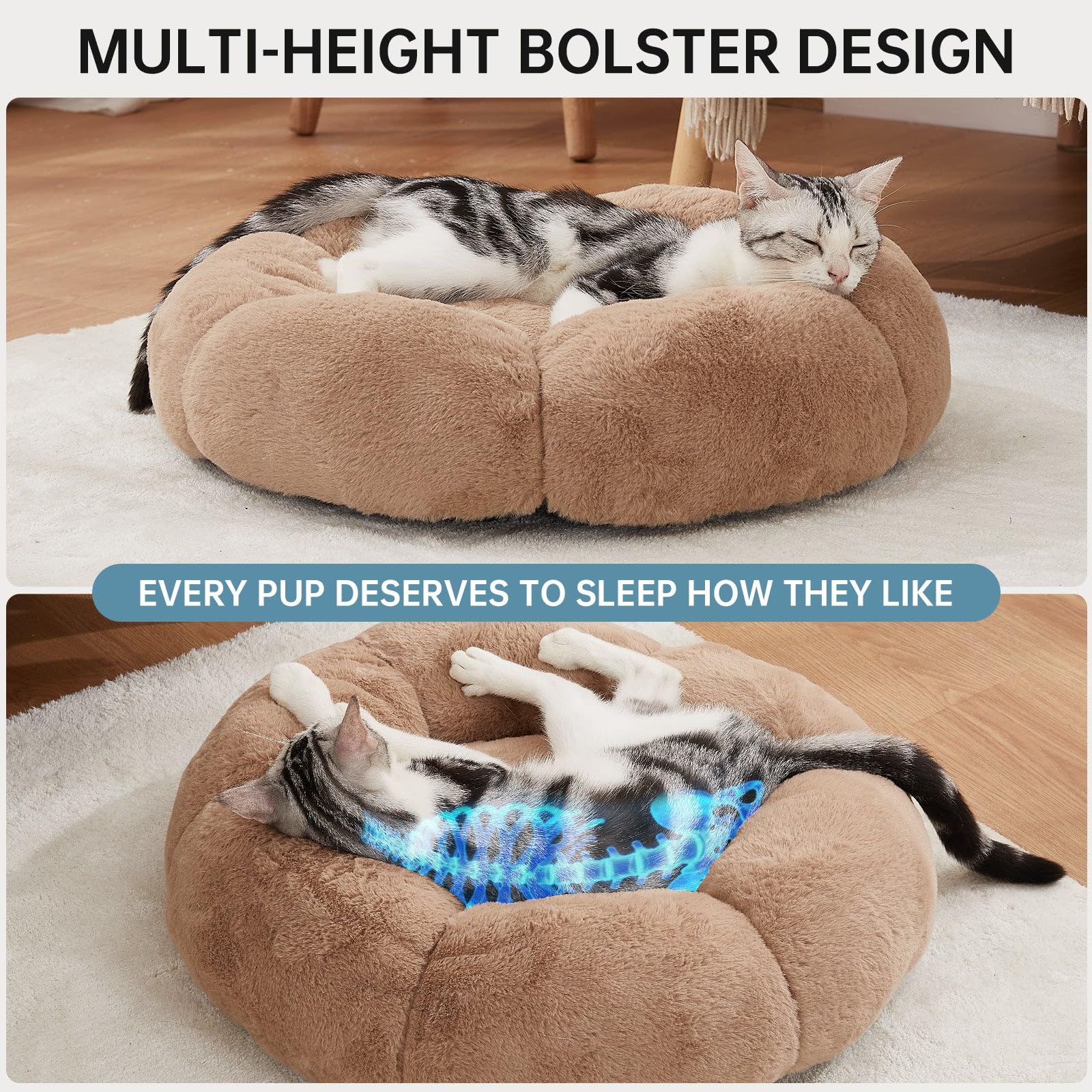OhGeni 20 inches Calming Donut Dog & Cat Bed for Small Pets, Warming Comfort Fluffy Short Pile Fur, Durable Machine Washable Bed, Cute Round Bed for Puppy and Kitten, Camel