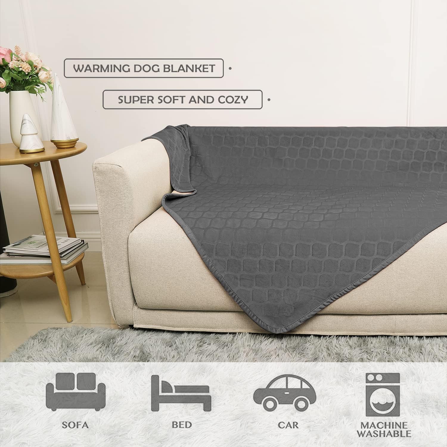 fuguitex Waterproof Dog Blanket Bed Cover Dog Crystal Velvet Moroccan Fuzzy Cozy Plush Pet Blanket Throw Blanket for Couch Sofa(82 * 102 inch, Dark Grey+Grey)