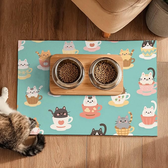 Cat Feedings Mats 20x12 inch Teacup Cat Print Pet Bowl Placemat Non Slip Mat for Cats Food and Water Indoor Kitty Feeding Station Cute Cats Meal Mat for Small Pets Kitchen Floor Use