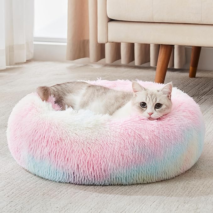 WESTERN HOME WH Calming Dog Bed & Cat Bed, Anti-Anxiety Donut Dog Cuddler Bed, Warming Cozy Soft Dog Round Bed, Fluffy Faux Fur Plush Dog Cat Cushion Bed for Small Medium Dogs and Cats