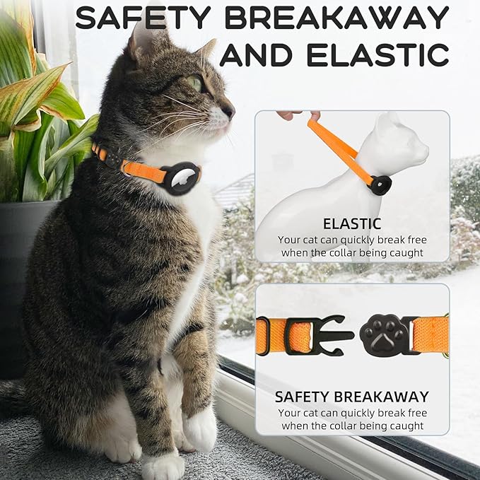 AirTag Cat Collars, Stretchy Collar with Apple AirTag Holder and Bell, Breakaway Ultra Design Elastic GPS Tracking Collars for Cats and Puppies, (7.5-12.5 Inch), Orange