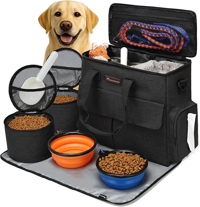 Modoker Dog Travel Organizer Carriers for Supplies & Accessories, Airline Approved Cat Pet Travel Bag, 2 Collapsible Bowls, 2 Travel Dog Food Container