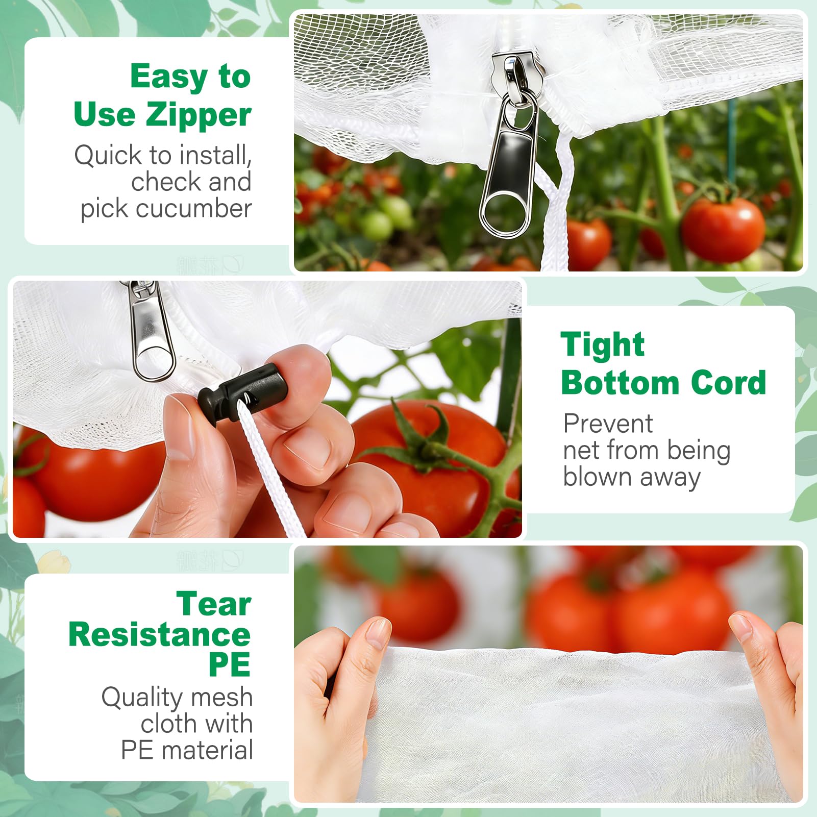 3 Pack Garden Bird Netting Plant Cover for Square Tomato Cage,14.6"x14.6"x51.2" Insect Bird Barrier Tomato Cage Net with Zipper Drawstring,Tomato Trellis Netting Protection Cover for Protecting Plants