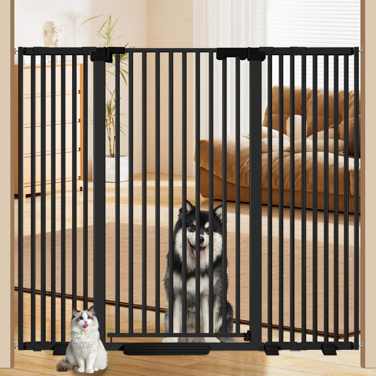 Amibud 51'' Extra Tall Cat Gate Barrier for Doorways Hallways, Pressure Mounted Pet Dog Gates No Drilling Auto Close, Cat Fence Indoor Climb Proof 30-32.6'' Wide (Black)