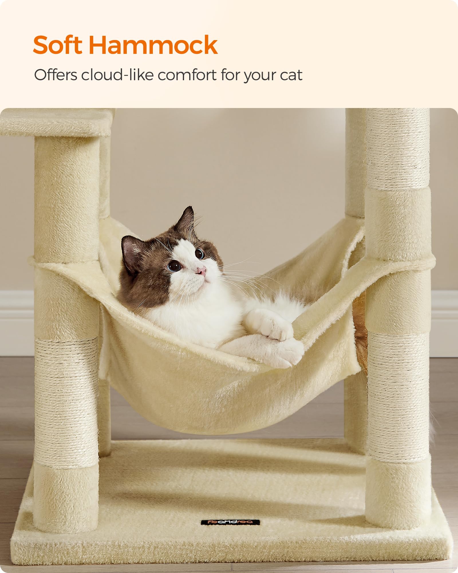 Feandrea Cat Tree, 54.2-Inch Cat Tower, Plush Multi-Level Condo with 4 Scratching Posts, 2 Perches, Hammock, Cave, Beige UPCT161M01