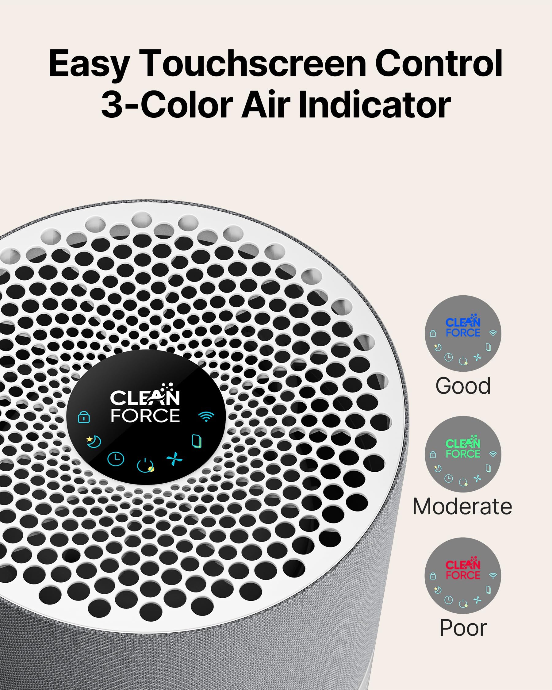 CleanForce Air Purifier for Large Room up to 2,250 ft², H13-Grade HEPA Filtration & Activated Carbon Layer, Captures Dust, Pollen, Smoke & Pet Dander | Smart App & Alexa | Blue, Rainbow Series
