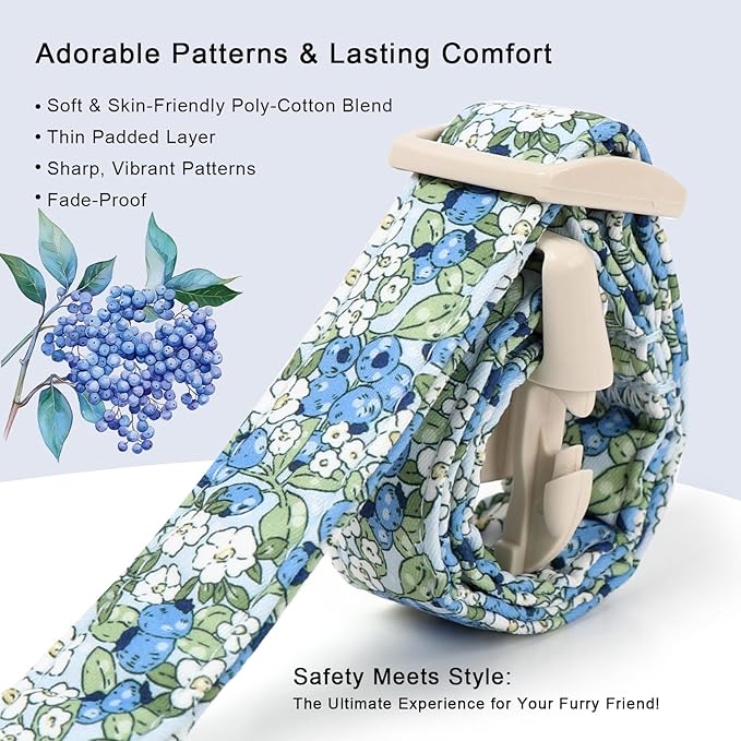 Blueberry Pattern Dog Collar, Cute Light Blue Spring Summer Puppy Collar - Soft Adjustable Designer Dog Collars for Small Medium Large Dogs L