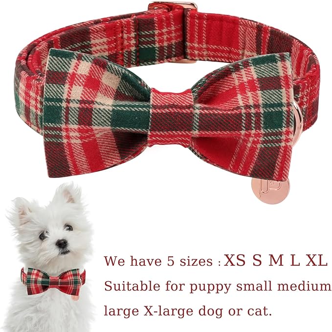 UP URARA PUP Christmas Plaid Dog Collar with Bow Tie– Adjustable Red & Green Checkered Dog Collar for Small Medium Large Dogs, Soft Xmas Plaid Puppy Collars with Quick Release Buckle XS