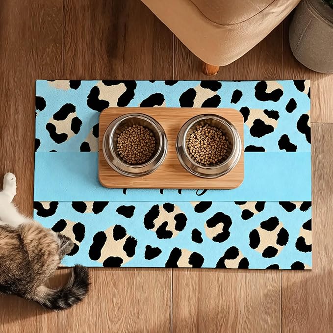 HOMETITUTE Puppy Feeding Mat Blue Leopard Print Meal Pad 20 x 12 Inch
