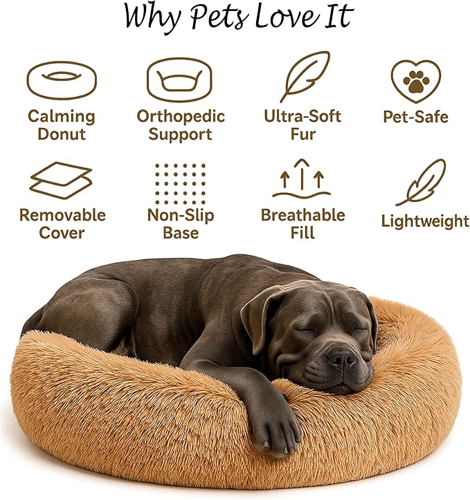 Calming Dog Bed - Fluffy Donut Cuddler for Anxiety Relief, Orthopedic Pet Bed with Non-Slip Bottom, Cozy Round Faux Fur Nest for Dogs and Cats, Plush Crate Mat for Comfort (Camel, Small +)