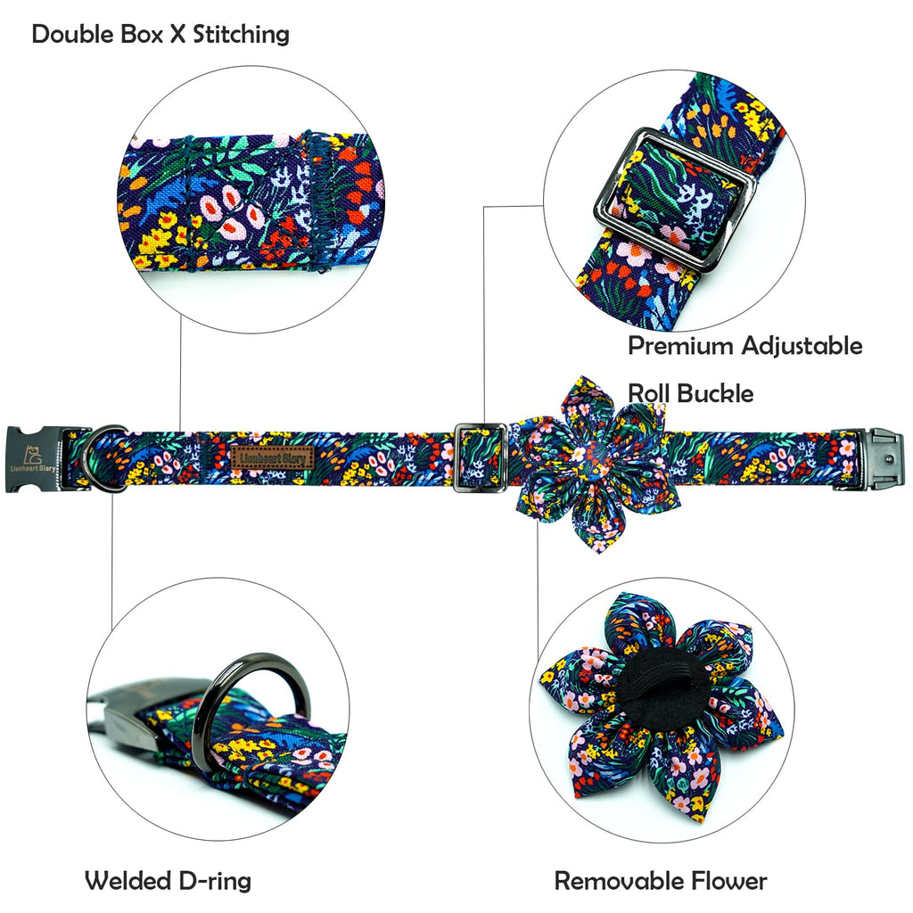 Lionheart Glory Floral Dog Bow Collar - Dark Blue, Adjustable, Durable for Small Dogs
