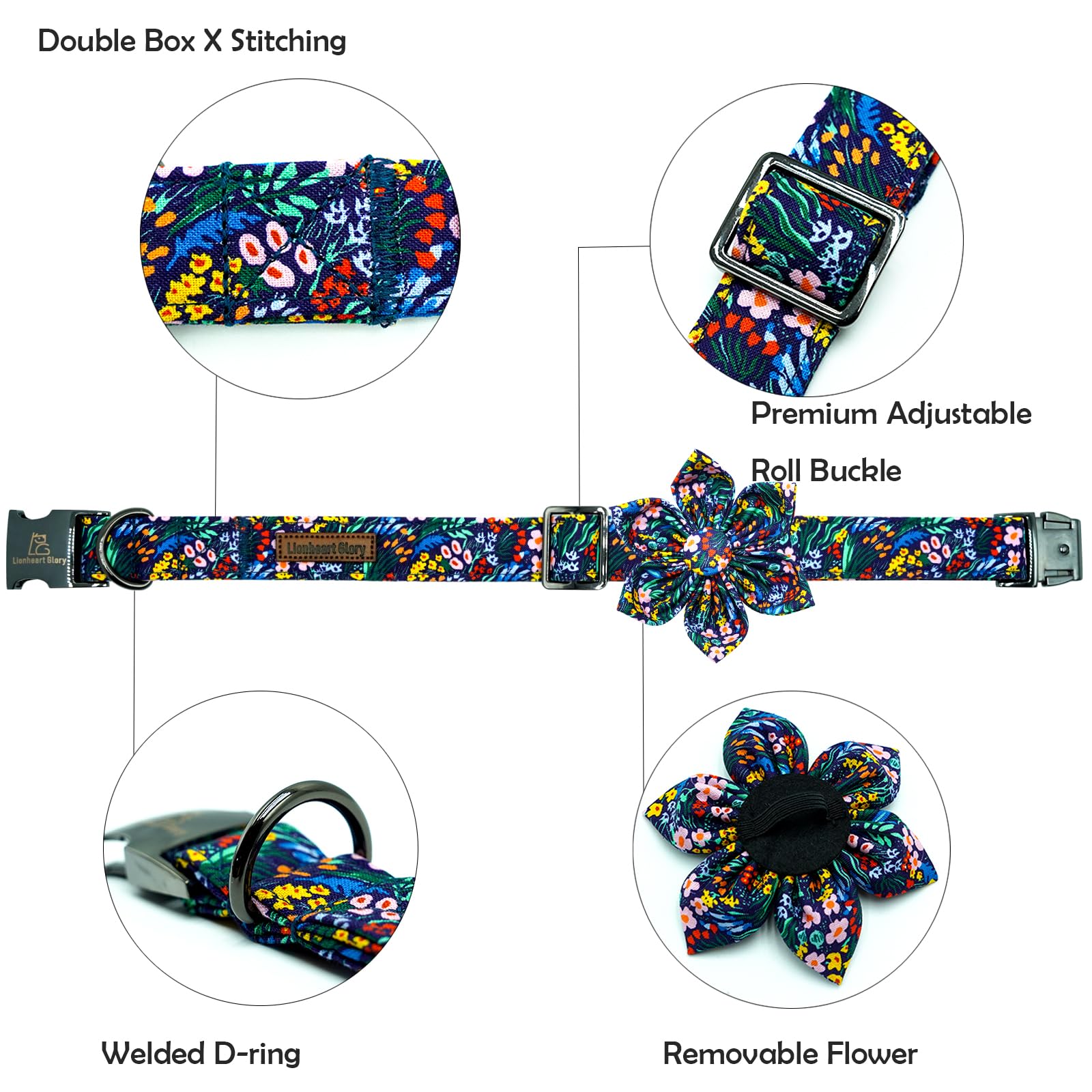 Lionheart Glory Floral Dog Bow Collar - Dark Blue, Adjustable, Durable for Small Dogs