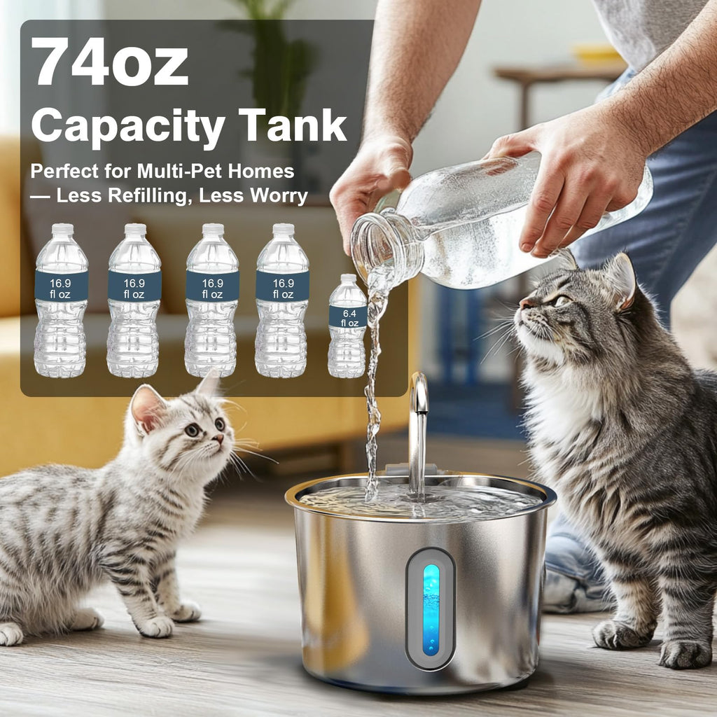 HAJXM Cat Water Fountain, 74oz/2.2L Cat Fountain for Drinking - Pet Water Fountain Stainless Steel for Cats Inside - Quiet Water Bowl Dispenser - Kitty Drinking Fountains - 4 Filters + 4 Sponges