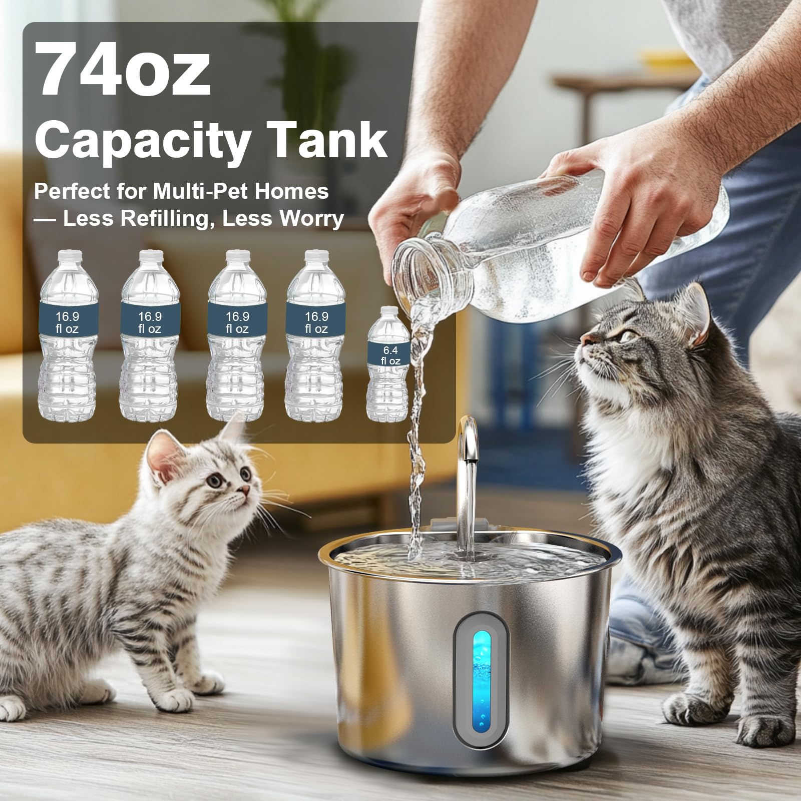 HAJXM Cat Water Fountain, 74oz/2.2L Cat Fountain for Drinking - Pet Water Fountain Stainless Steel for Cats Inside - Quiet Water Bowl Dispenser - Kitty Drinking Fountains - 4 Filters + 4 Sponges