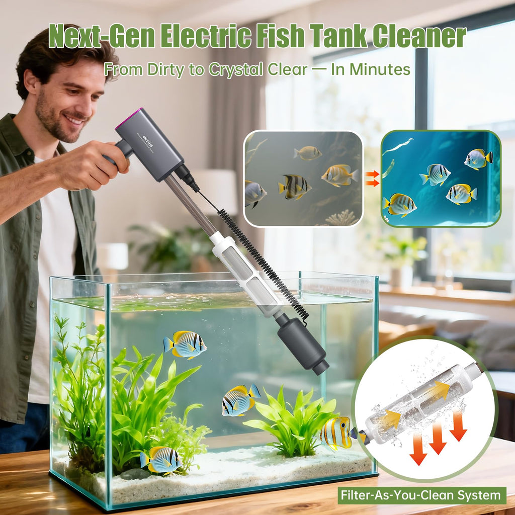 Cordless Aquarium Gravel Cleaner Vacuum, 36W Electric Fish Tank Cleaner