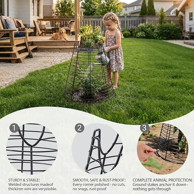 Qaobo 4 Pcs 11.6"×11.6" Plant Protectors from Animals, Sturdy Metal Plant Cages for Outdoor Plants, Reusable Wire Garden Cloches, Plant Protector to Keep Squirrels, Rabbits, Birds, Black