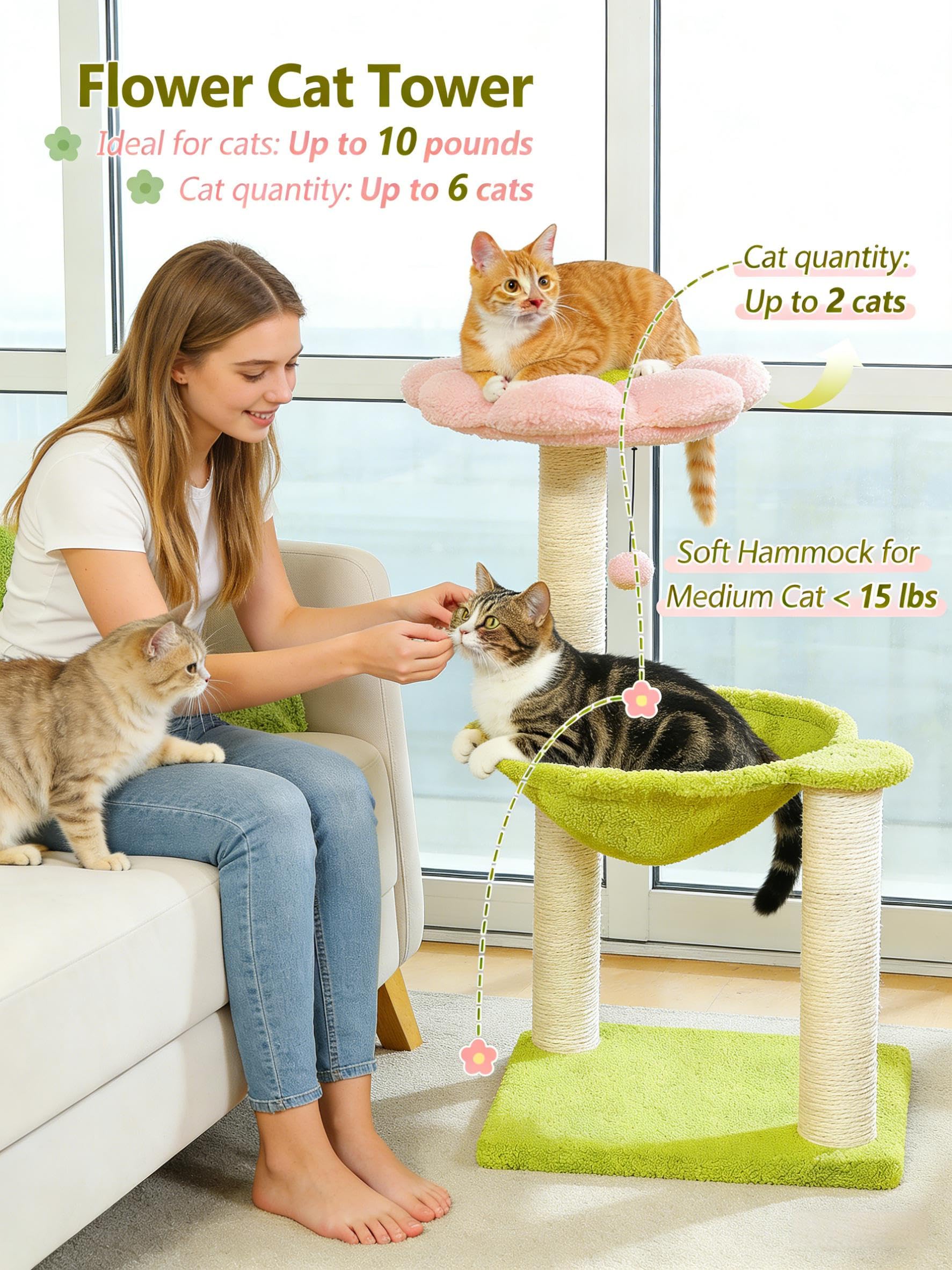 MUTTROS Flower Cat Tree, 28" Cat Tower with Cozy Flower Perch, Large Hammock for Indoor Small Cats, Cute Cat Tree with Sisal Scratching Post and Fur Toy Ball for Kittens, Pink