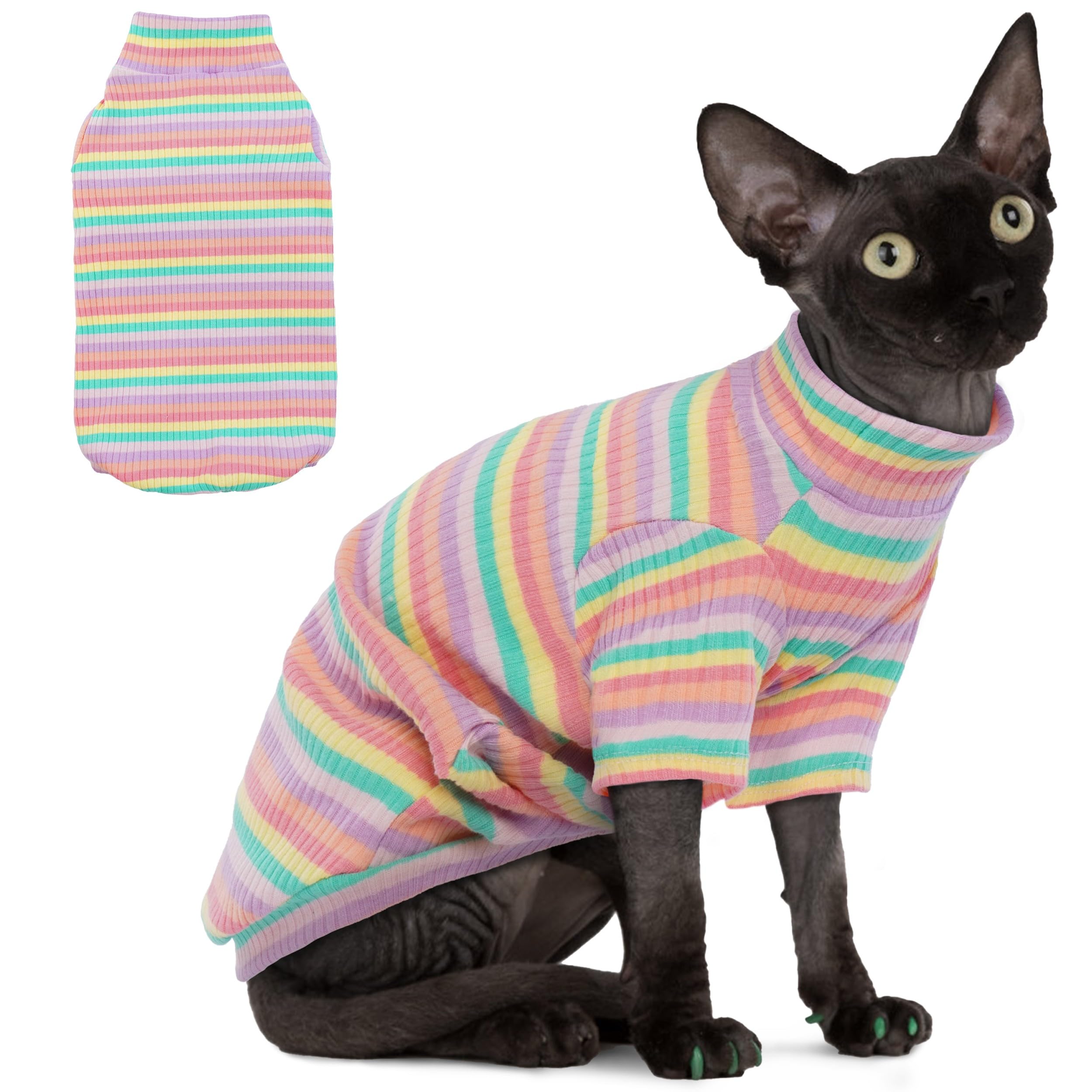 PUMYPOREITY Soft Hairless Cats Clothes - Rainbow Stretchy Cat Sweater, Pullover Jumpsuit, Turtleneck Outfit for Sphynx, Cornish Rex, Devon Rex, XS