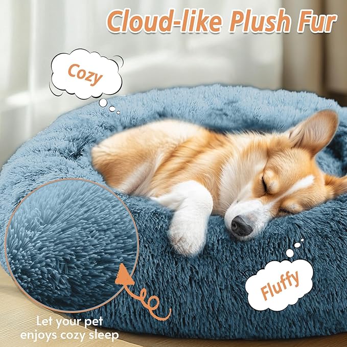 JOLLYVOGUE Calming Dog Bed Medium Size Dog, 31in Donut Washable Medium Pet Bed, Anti-Slip & Anti-Anxiety Fluffy Faux Fur Round Dogs Bed, Fits up to 45 lbs Pets (Blue)