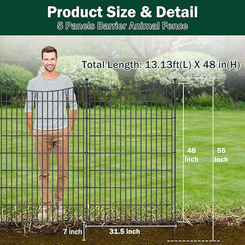 5 Panels Decorative Garden Fence with Gate, 48 in(H) X 11.8 ft(L) No Dig Dog Fence Animal Barrier Outdoor for Yard, Rustproof Metal Garden Edging and Borders, Temporary Fencing Stakes
