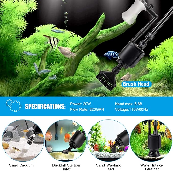 AQQA Aquarium Gravel Cleaner, 6-in-1 Fish Tanks Gravel Vacuum Cleaner Set