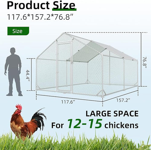 4ever2buy Metal Chicken Coop, 10x13 FT Walk-in Chicken Run Pen Poultry Cage, Water-Resistant & Anti-UV Cover, Large Chicken Coop for 12-15 Chickens
