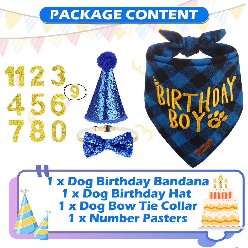 EXPAWLORER Embroidered Dog Birthday Bandana - Dog Birthday Party Supplies, Dog Scarf and Party Hat with Numbers for Boy, Pet Bow Tie Collar, Cute Outfit for Small Medium Large Dogs (X-Large)