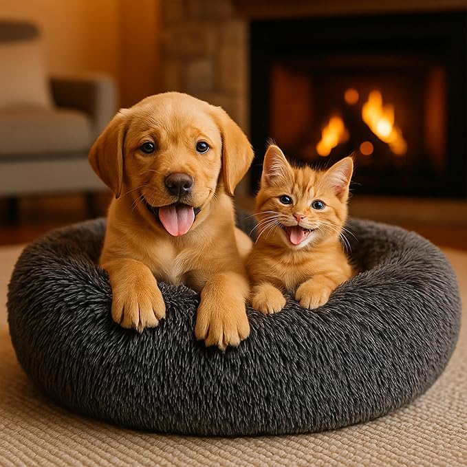 Calming Dog Bed - Fluffy Donut Cuddler for Anxiety Relief, Orthopedic Pet Bed with Non-Slip Bottom, Cozy Round Faux Fur Nest for Dogs and Cats, Plush Crate Mat for Comfort (Dark Grey, Small +)