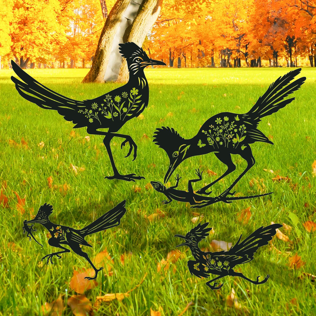 Rngmsi Roadrunner Metal Garden Stakes Yard Decor, 4PCS Black Roadrunner Silhouette Statues Garden Decorative Gifts for Yard Art, Patio, Outside, Lawn Ornaments, Christmas, Backyard, Pathway