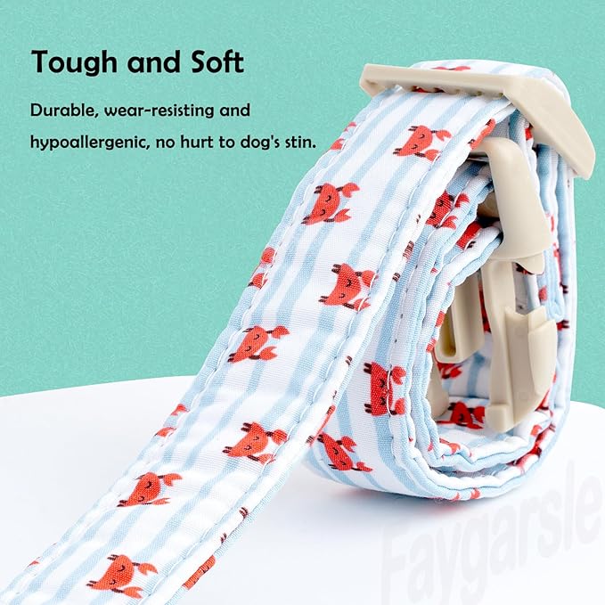 Faygarsle Cute Crab Pattern Dog Collar, Cotton Fabric, Light Blue Stripes, for Small Medium Large Dogs, M