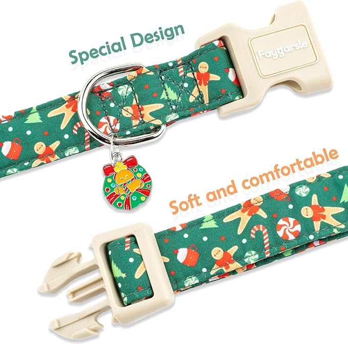 Faygarsle Christmas Dog Collar, Green Gingerbread Pattern, Holiday Pet Accessory, for Small Medium Large Dogs, M