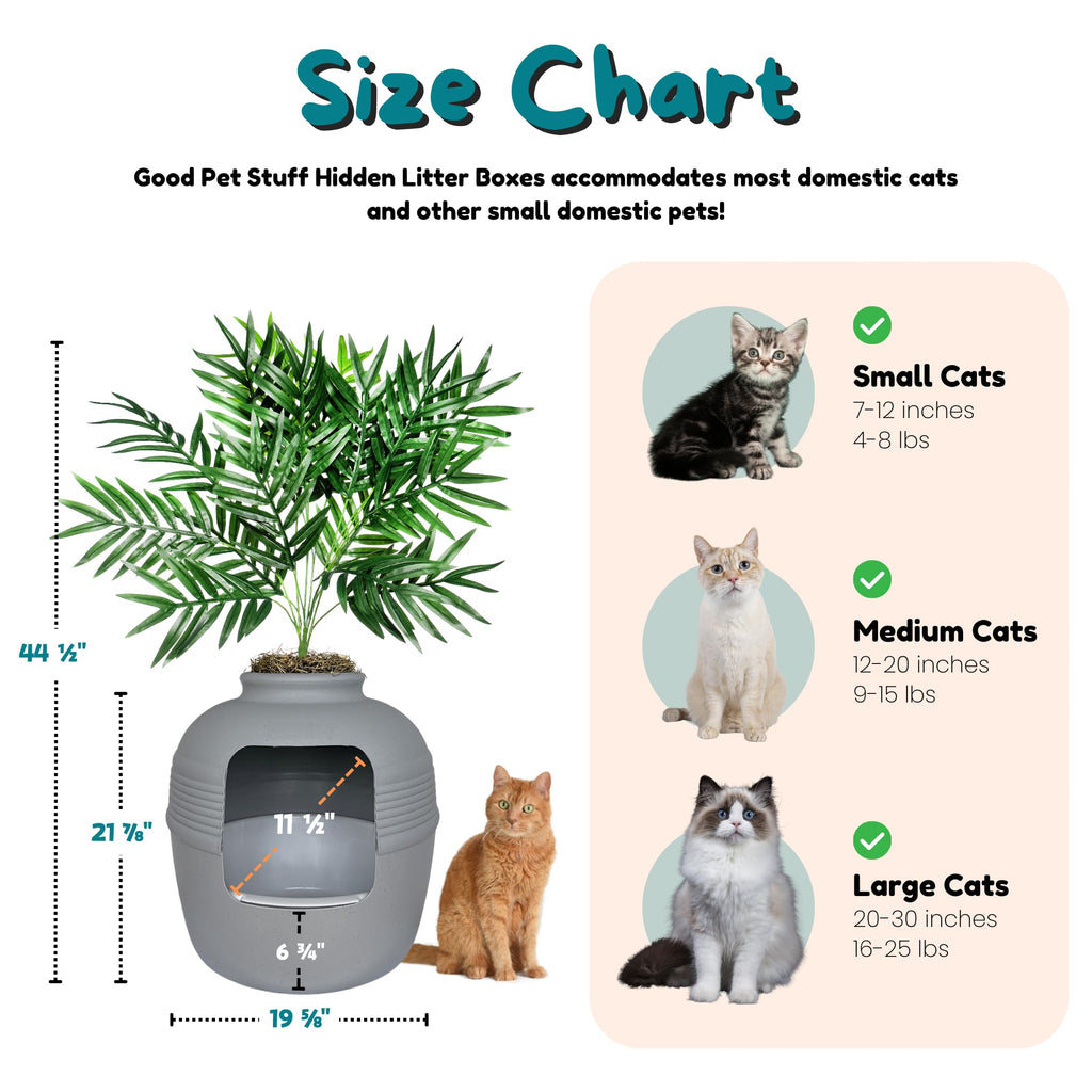 Good Pet Stuff Original Hidden Litter Box Planter, Decorative Cat Litter Enclosure, Carbon Filter, Faux Plant, Easy to Clean, Round Design, Removable Tray, Essentials Kit, Palm Plant, Pebble Gray