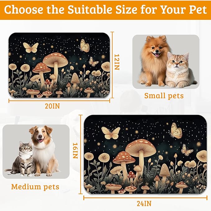 Fantasy Mushroom Dog Cat Food Mat,Butterfly Stars Absorbent Waterproof Placemat for Food and Water Non Slip Rubber Backing Durable Feeding Pad for Clean Floors 12" x 20"