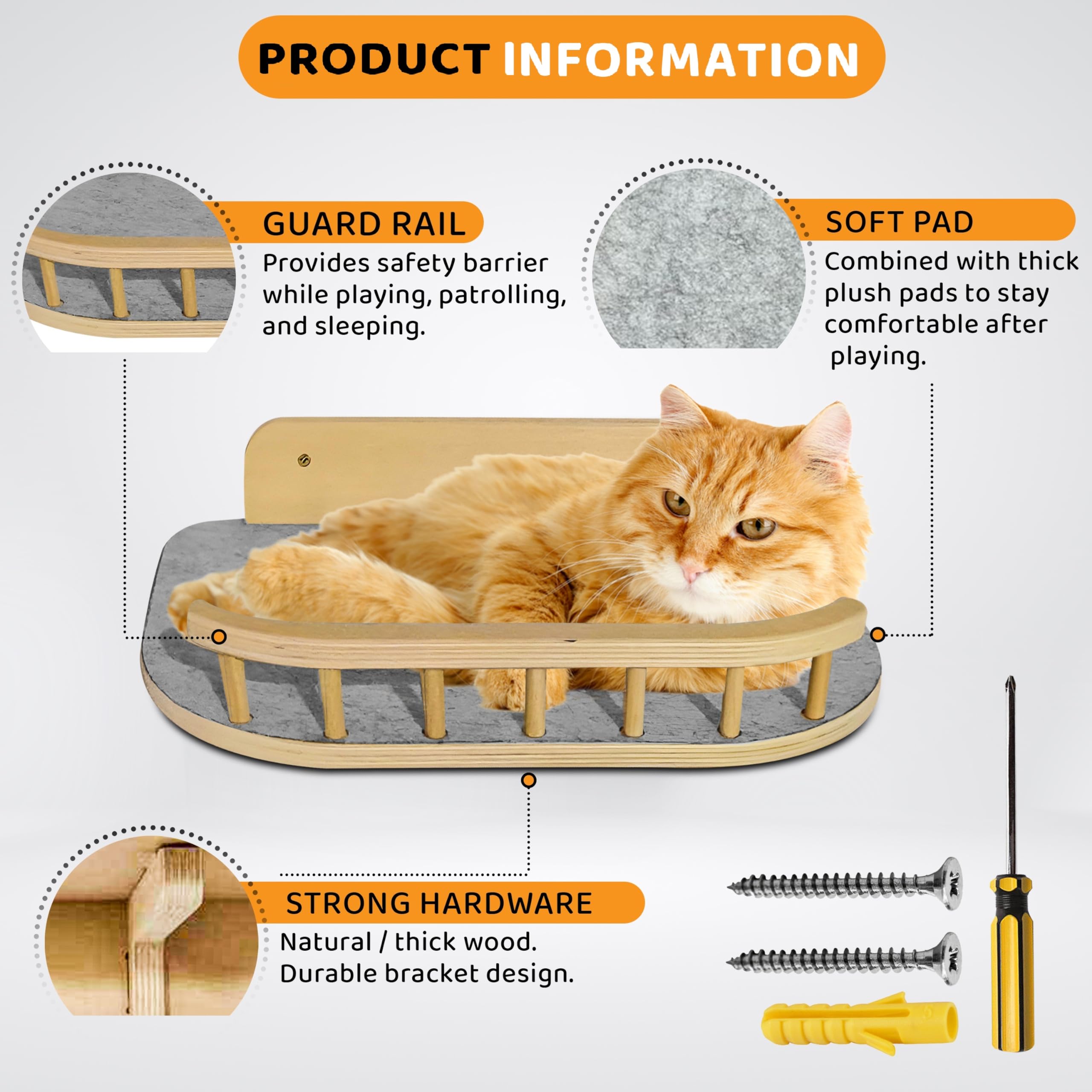 BUOGA Cat Wall Shelves, Floating Bed with 3 Cat Wall Steps - Natural