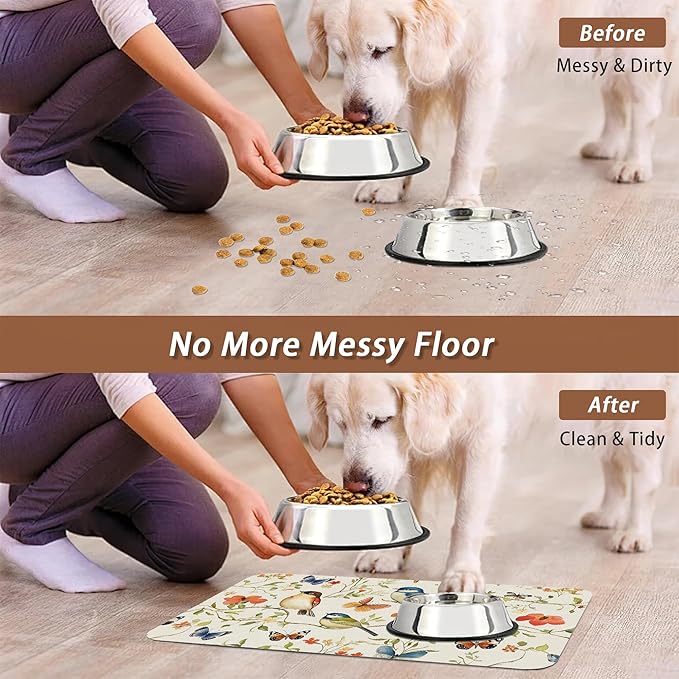 Butterfly Bird Dog Food Mat for Floors,Vintage Nature Absorbent Pet Food and Water Bowl Mats,Non-Slip Pet Feeding Mat,Pet Supplies 16" x 24"