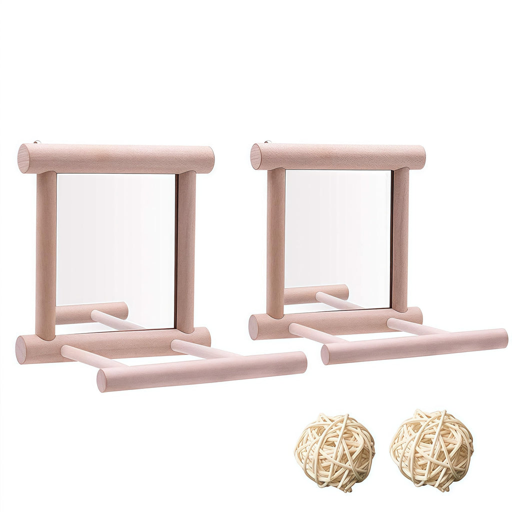HANZE Bird Mirror Swing with Rattan Ball | Natural Wood Parrot Toy with Metal Hooks for Macaws, Cockatiels, Parakeets, Lovebirds | Safe Chewing & Mental Stimulation - 2 Pack