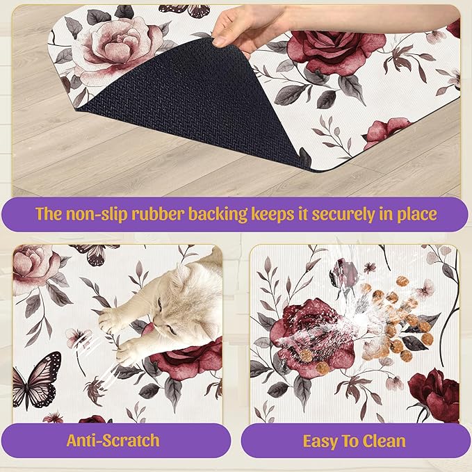 Vintage Flower Butterfly Dog Cat Food Mat, Absorbent Feeding Placemat, Waterproof Non-Skid Bottom – 16x24 Inch