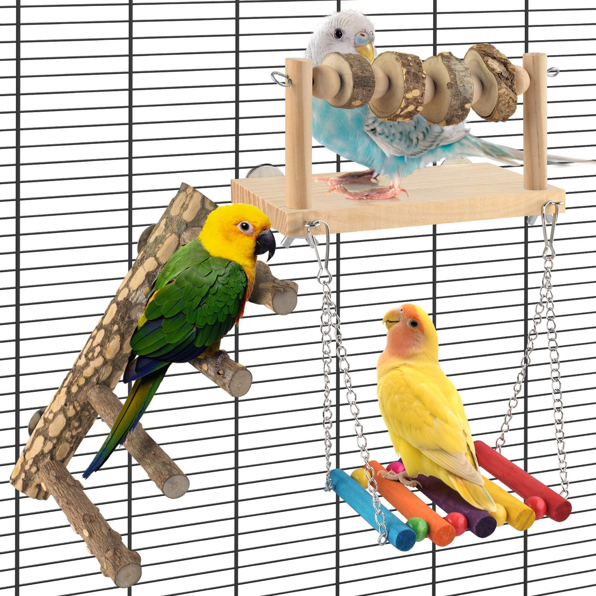 DBNESS 5in1 Bird Toys, Birdie Perches Platform Swing with Stainless Steel Feeding Cup Climbing Ladder, Wooden Play Gym for Cockatiels Lovebirds Budgies Pacific Parrotlets Finch Canaries