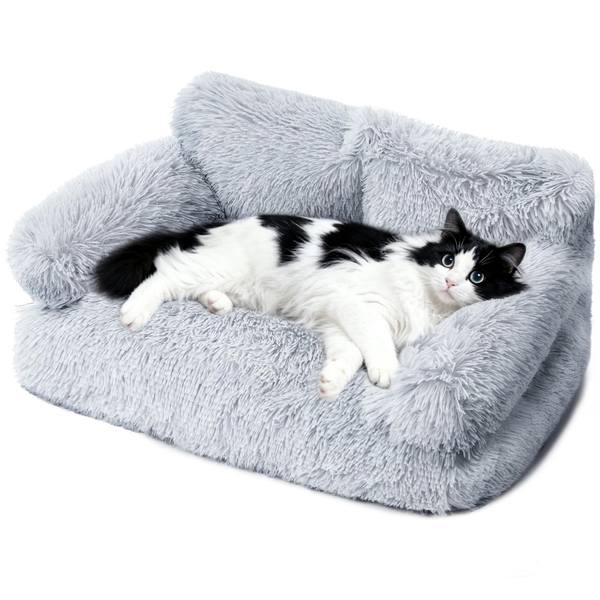 FURMORENE Large Cat Beds for Indoor Cats, Dog Couch Bed, Cute Cat Couch Sofas for Less 20lbs Kitten Puppy, Small Dog Sofas & Chairs with Removable Washable Cover, Warm Pet Furniture, Plush Light Grey