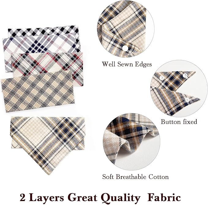 5PCS Dog Bandanas with Button - Thick Triangle Bibs Dual Layer Soft Cotton Scarves for Small Medium Boy Girl Puppy Cat Pet Baby Square Plaid Printing Washable Kerchief Halloween Costumes Outfits