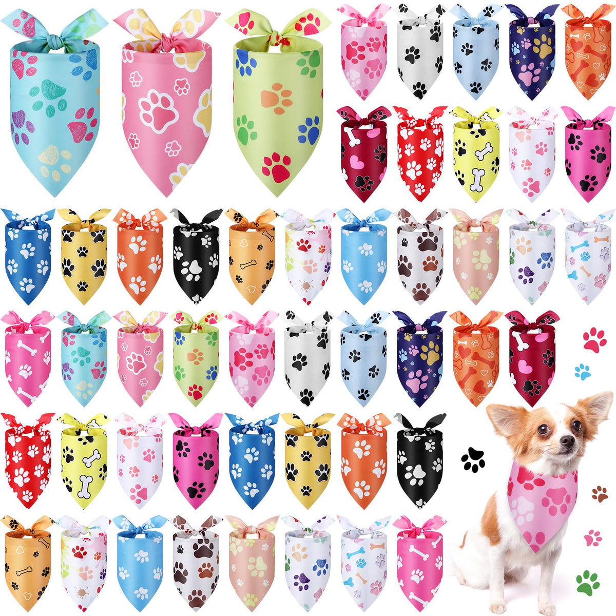 Abbylike 50 Pcs Paw Print Dog Bandanas Bulk, Halloween & Birthday Party