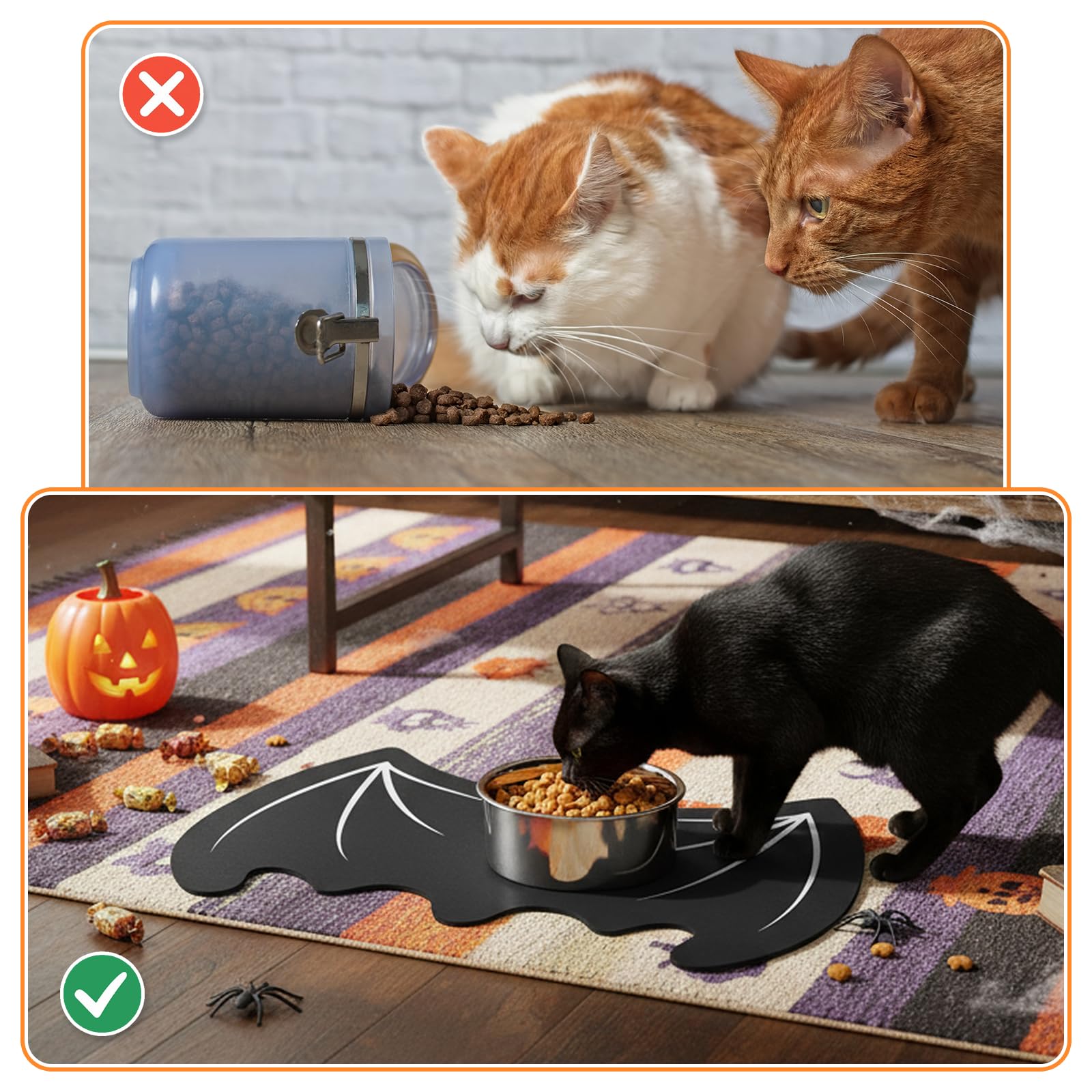 Pet Mat for Food and Water, Absorbent Non-Slip Quick Dry Dog Food Mat for Dog Cat Bowl Indoor Outdoor Pet Dining Gift Halloween Decorations (11.8 * 19.68in, Bat)