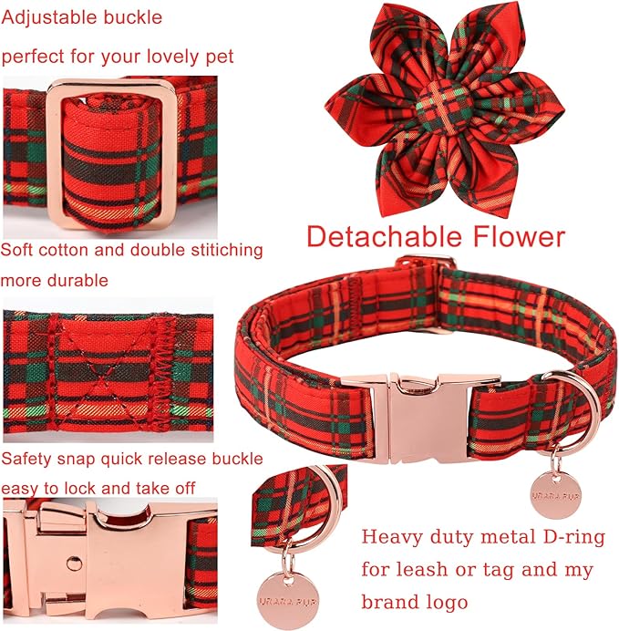UP URARA PUP Christmas Dog Collar with Flower, Cotton Christmas Plaid Collar for Medium Girl Boy Dog,Red &Green Plaid Dog Collar Bowtie with Durable Metal Buckle,Adorable Pet Collar, XS, Neck 8-12in