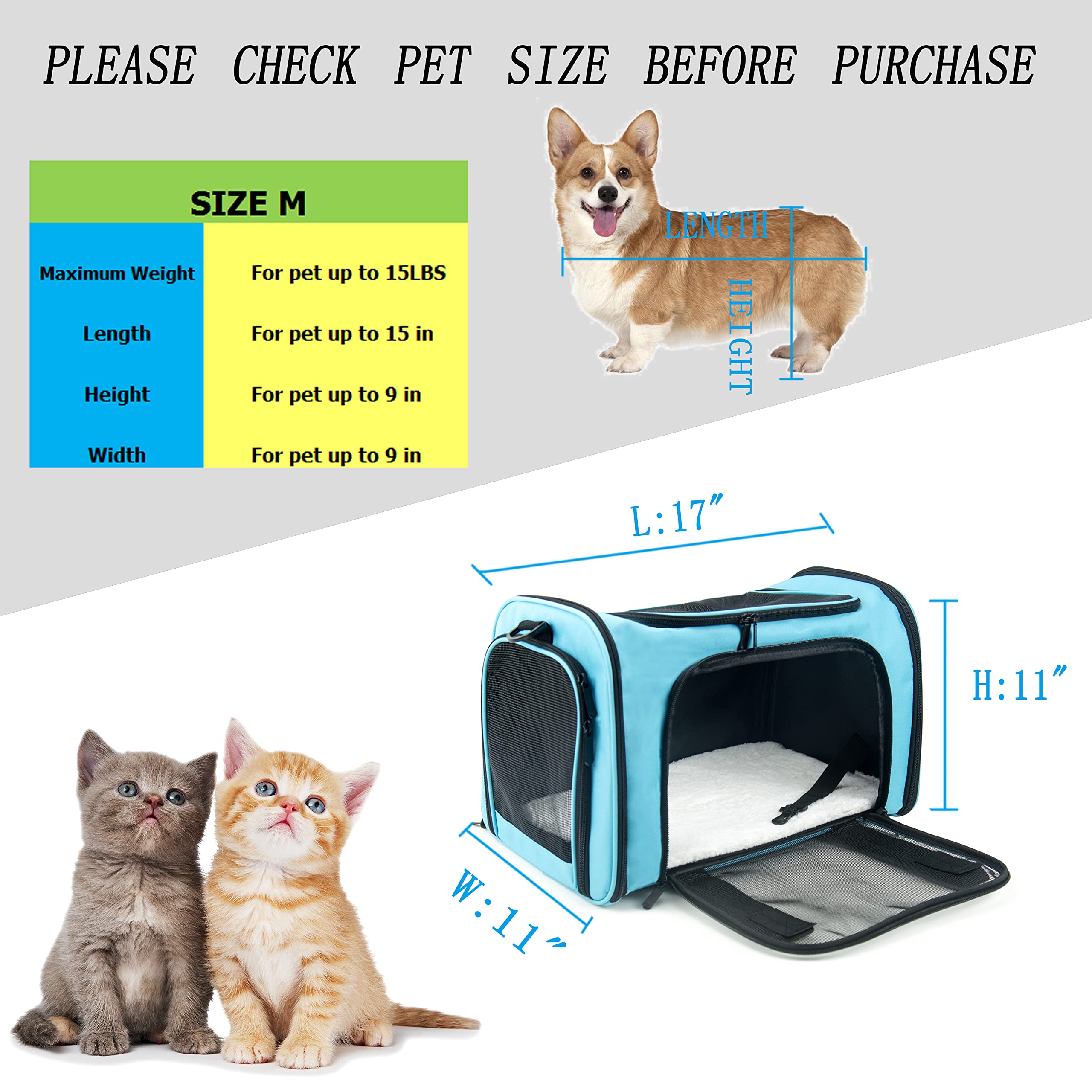 NextFri Soft Sided Carrier for Small Medium Cats Dogs,TSA Airline Approved Collapsible Travel Pet Carrier Medium Blue