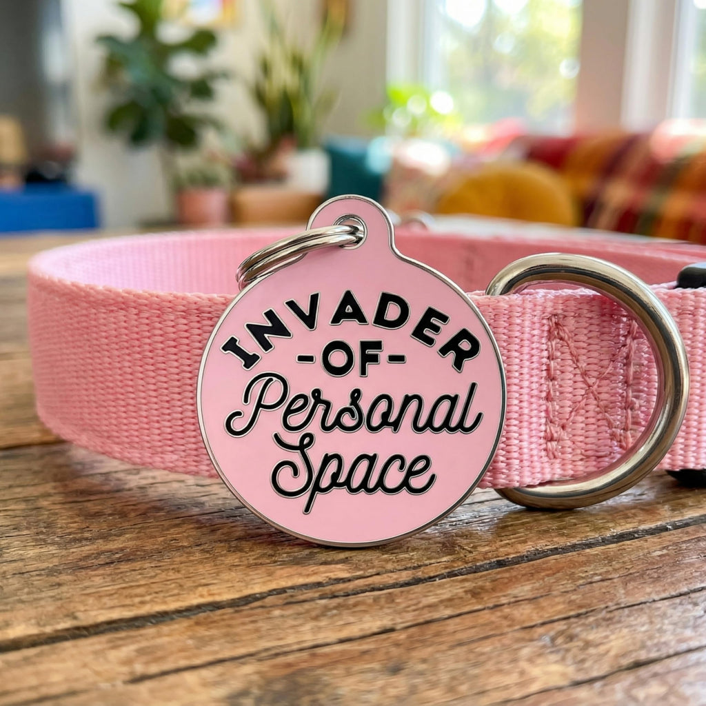 Bad Tags Personalized Dog and Cat ID Tags in 25+ Designs and 2 Sizes - 5 Lines of Custom Engraved Text - Funny Cute Personalized Pet Tags (Invader of Personal Space - Pink, Small (1 inch))