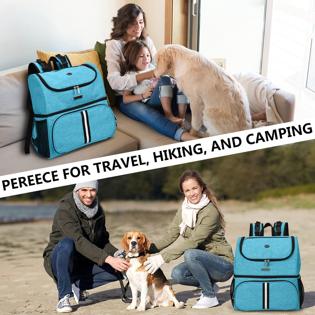 BAGLHER Pet Travel Bag, Double-Layer Pet Supplies Backpack (for All Pet Travel Supplies), Pet Travel Backpack with 2 Silicone Collapsible Bowls and 2 Food Baskets Sky Blue